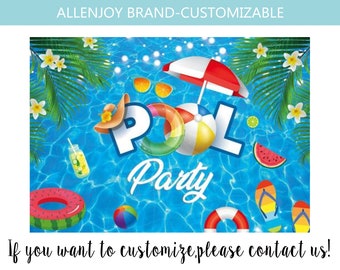 May include: A blue and white pool party backdrop with the text "Pool Party" in a white cursive font. The backdrop features a variety of pool party accessories, including a beach ball, a watermelon, a life preserver, and a pair of flip-flops.