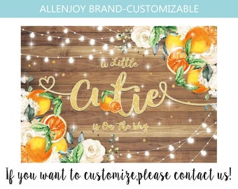 Little Cutie Baby Shower Backdrop,Little Cutie On the Way Citrus Orange Backdrop,Greenery Orange Floral Newborn Baby Birthday Party Banner