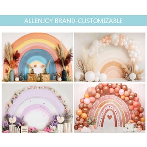 Boho Rainbow Photography Backdrop, Boho Rainbow Balloon Girl Photo Backdrop, Boho Rainbow Cake Smash Pro Poly Birthday Background