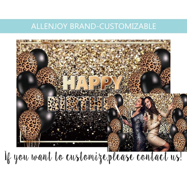 Gold Leopard Backdrop,Leopard Birthday Banner,Leopard Happy Birthday Baby Shower Backdrop,Glitter Leopard Balloons Photography Backdrop