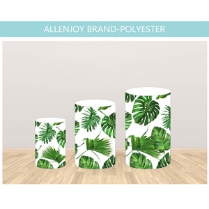 Green Leaves Cylinder Covers, Safari Party Customize Plinth Covers Elastic Cake Table Banner,Polyester Material Round Backdrop Covers