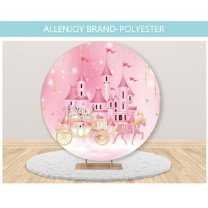 Pink Princess Castle Round Backdrop Cover,Baby Shower Girl Birthday Fairy Carriage Circle Photography Backdrop,Custom Pink Cylinder Covers