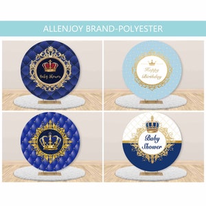Royal Blue Crown and Gold Prince Round Backdrop Cover,Baby Boy Shower Birthday Circle Elastic Backdrop,1st Birthday Round Backdrop Custom