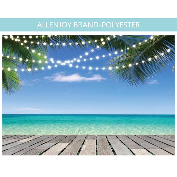 Summer Ocean Backdrop,Seaside Beach Blue Sky Photography Backdrop,Wood Backdrop,Light Backdrop,Palm Leaf Seaside Photo Backdrop,Waterproof