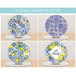 Lemon Round Backdrop Cover,Mediterranean Lemon Baby Bridal Shower Birthday Circle Backdrop,Main Squeeze Blue and White Porcelain Party Decor