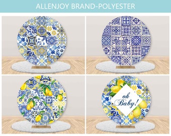 Lemon Round Backdrop Cover,Mediterranean Lemon Baby Bridal Shower Birthday Circle Backdrop,Main Squeeze Blue and White Porcelain Party Decor