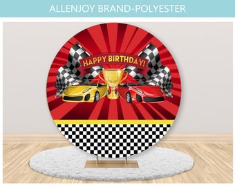 Race Car Round Backdrop Cover,Baby shower Boys Birthday Custom Car Theme Circle Backdrop with Elastic Band,Custom Polyester Backdrop Cover