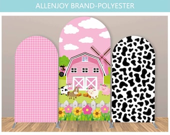 Farm Arch Backdrop,Pink Cow Farmhouse Chiara Arch Backdrop,Baby Shower Birthday Arch Backdrop Panel,Arched Metal Frame Stand Fabric Backdrop