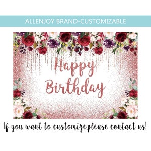 Happy Birthday Backdrop,Glitter Floral Baby Shower Backdrop,Women Lady Girl 16th Birthday Burgundy Red Shiny Red Backdrop,Personalized