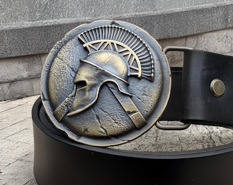 Men's Leather Belt with Brass Centurion Buckle, Black Handmade Warrior Belt, Roman Gladiator Gift for Him, Full-Grain Leather 120 cm
