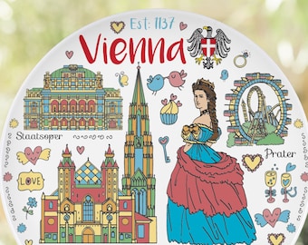 Vienna Souvenir Plate, Austria Gift, Cute Ceramic Plate for Hanging Wall Decor Girlish, White Pink Wall Display Plate with Princess Austria