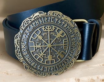 Men’s Leather Belt with Vegvísir Brass Buckle – Viking Compass Norse Symbol, Handmade Black Full-Grain Leather, Gift for Him, 120 cm / 47 in