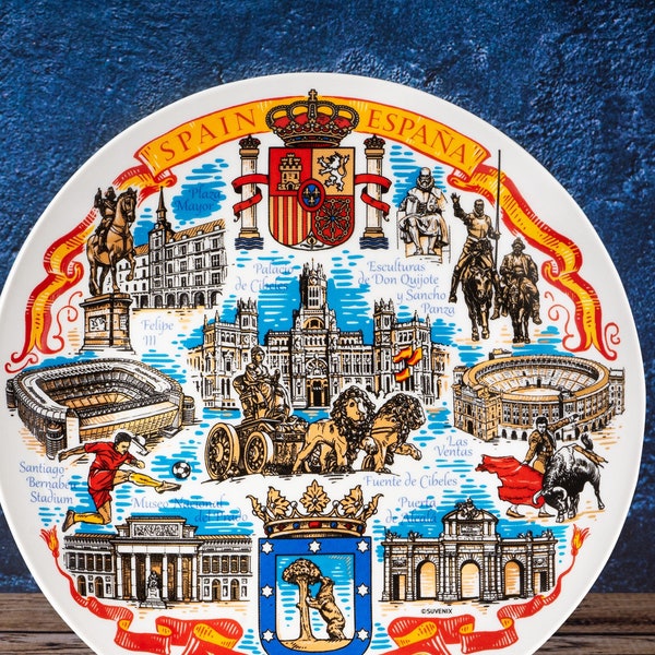 Assiette souvenir Madrid d'Espagne, assiette décorative murale espagnole, cadeau de voyage de Madrid, assiette en céramique sur présentoir, cadeau unique