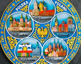 Handpainted 20cm Poland Souvenir Plate | Warsaw Krakow Gdansk Poznan Wroclaw Landmarks | Wall Decor Gift