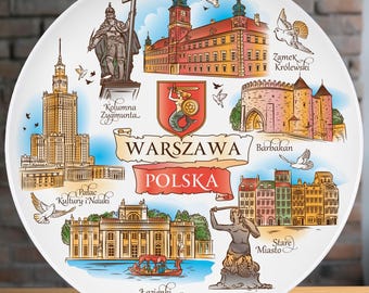 Warsaw Poland Souvenir Plate 20cm | Hand-Painted Ceramic Wall Art with Royal Castle, Mermaid, Old Town | Decorative Travel Gift