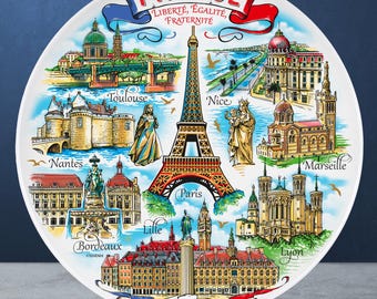 France Souvenir Plate 20 cm – Ceramic Wall Art with Paris Eiffel Tower, Nice & Marseille Landmarks, Handcrafted Gift