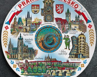 Prague Souvenir Plate 20 cm – Ceramic Wall Art with Astronomical Clock, Charles Bridge & Dancing House