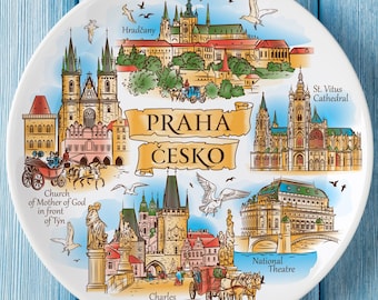 Prague Souvenir Plate 20 cm – Colorful Ceramic Wall Art with Charles Bridge, St. Vitus Cathedral & National Theatre