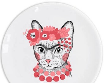 Flower Queen Cat 25cm Plate - Frida Kahlo Inspired Feline Floral Crown Decorative Dish