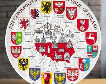 Poland Map Plate 20 cm – Ceramic Wall Art with Voivodeship Coats of Arms & City Landmarks, Republic of Poland Souvenir
