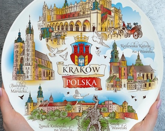 Kraków Souvenir Plate 20cm | Ceramic Wall Art with Wawel Castle, St. Mary's Basilica, Cloth Hall | Polish Travel Gift & Home Decor