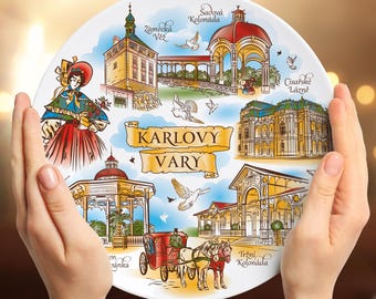 Karlovy Vary Souvenir Plate 20 cm – Czech Spa Town Ceramic Wall Art with Colonnades & Historic Architecture