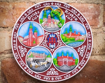 Krakow Souvenir Plate - Hand-Painted 3D Polyceramic Decorative Plate with Landmarks - Ideal Gift for Travelers and Collectors