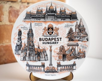 Budapest plate. Bronze style hanging wall porcelain plate 20cm decorative souvenir with wooden stand landmarks Hungary