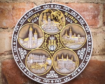Krakow Souvenir Plate - Hand-Painted 3D Polyceramic Decorative Wall Plate Featuring Krakow Landmarks
