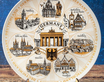 Germany Souvenir Plate: Gold-Styled Decorative Ceramic Wall Plate with Iconic Landmarks