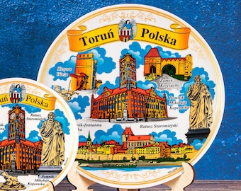 Toruń plate. Color style hanging wall porcelain plate 20cm decorative souvenir with wooden stand Torun Poland Polska landmarks