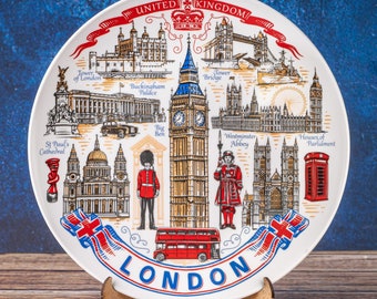 London souvenir plate. Gold-red-blue style hanging wall porcelain plate 7.87" (20cm) decorative souvenir. London England UK