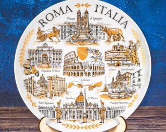 Rome Souvenir Plate - Elegant Gold-Style Italian Landmarks Porcelain Wall Art 20cm | Perfect Gift for Travel Enthusiasts & Collectors