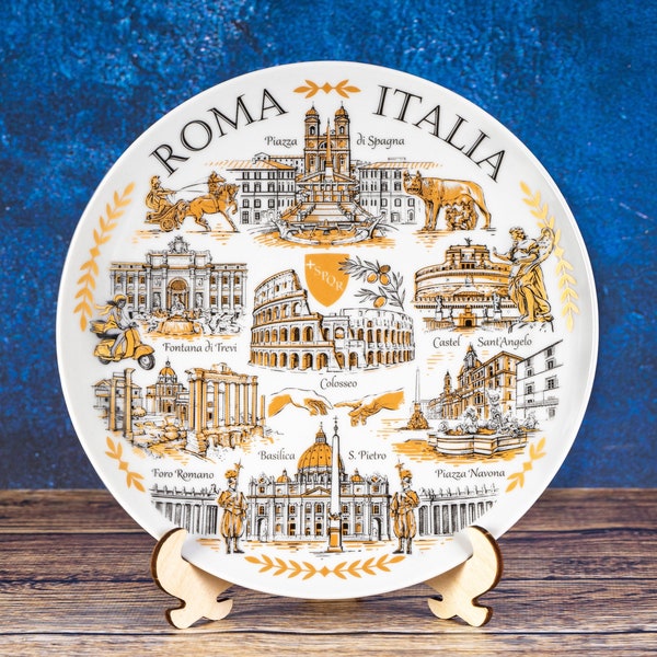 Rome Italy plate. Gold style hanging wall porcelain plate 20cm decorative souvenir. Rome Italia. Vatican.