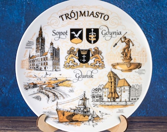 Tricity Poland Gold-Style Decorative Plate: Gdansk, Sopot, Gdynia Landmarks Wall Decor