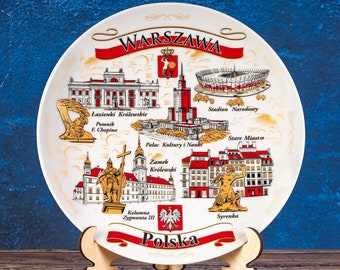 Warsaw plate. Gold style hanging wall porcelain plate 20cm decorative souvenir with wooden stand Warsaw Warszawa Poland Polska landmarks