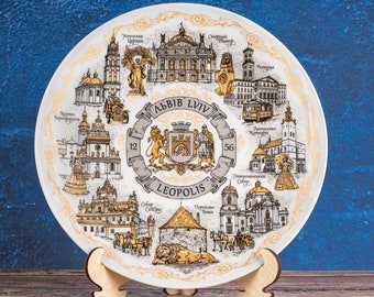 Bronze-Styled Lviv Souvenir Plate: Decorative Hanging Wall Ceramic Showcasing Landmarks of Lviv, Ukraine