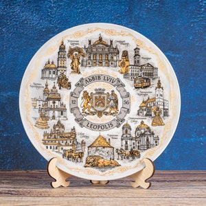 Lviv Ukraine. Bronze style hanging wall porcelain plate 20cm decorative souvenir with wooden stand  Lviv (Ukraine) landmarks 20 cm