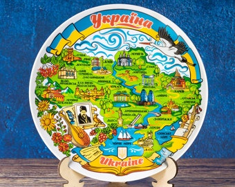 Ukrainian Landmarks Porcelain Plate: Authentic Map & Wall Decor Souvenir