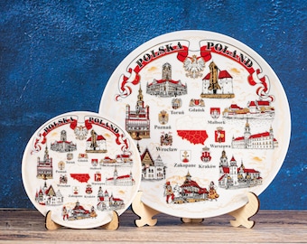 Poland plate. Gold style hanging wall porcelain plate 20cm decorative souvenir with wooden stand Polska Poland landmarks