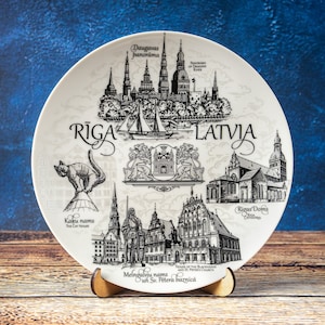 Riga plate. Silver style hanging wall porcelain plate 20cm decorative souvenir with wooden stand Riga Latvia landmarks