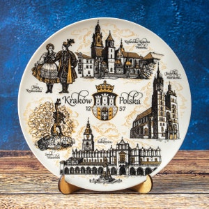 Krakow plate. Gold style hanging wall porcelain plate 20cm decorative souvenir with wooden stand Cracow Poland Polska landmarks