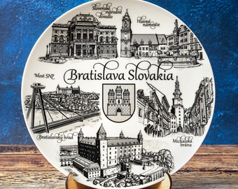 Bratislava plate. Silver-black style hanging wall porcelain plate 20cm decorative souvenir with wooden stand landmarks Bratislava Slovakia
