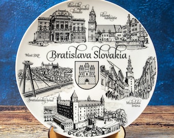 Bratislava plate. Silver-black style hanging wall porcelain plate 20cm decorative souvenir with wooden stand landmarks Bratislava Slovakia