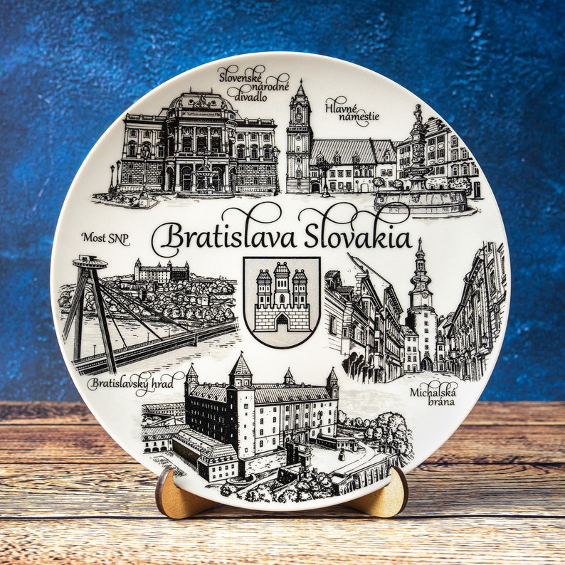 Bratislava plate. Silver-black style hanging wall porcelain plate 20cm decorative souvenir with wooden stand landmarks Bratislava Slovakia image 1