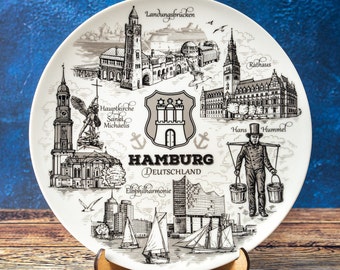 Hamburg plate. Silver style hanging wall porcelain plate 20cm decorative souvenir with wooden stand Hamburg Germany Deutschland landmarks