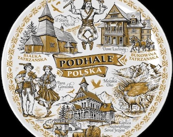 Podhale Zakopane Souvenir Plate 20 cm – Gold Style Ceramic Wall Art, Polish Highlander Folk Decor, Handcrafted Gift
