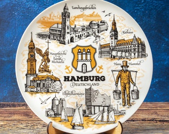 Hamburg Souvenir Plate - Collectible German Landmarks Ceramic Wall Decor 20cm Gold style | Unique Gift for Travel Lovers & Plate Collectors