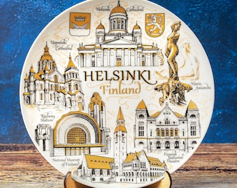Helsinki Souvenir Plate - 20cm Gold-Style Ceramic Plate with Finland Landmarks