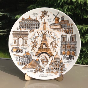 Paris plate. Bronze style hanging wall porcelain plate 20cm decorative souvenir with wooden stand landmarks Paris image 1